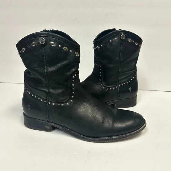 Frye Melissa Studded Boots Vintage Short Ankle Black Leather Women Sz 7 Moto - Picture 12 of 16